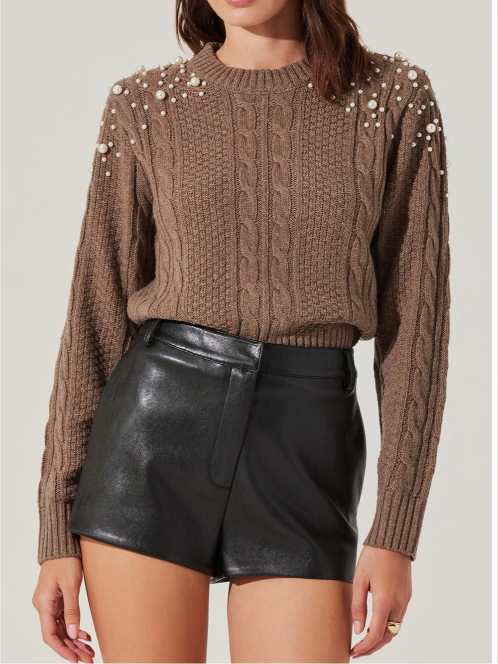 ASTR the Label Pearl Embellished Cable Knit Sweater | Taupe | Size Small